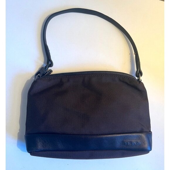 Y2K TUMI Nylon Mini Bag Brown Leather Trim Convertible Clutch Minimalist Neutral - Picture 1 of 7